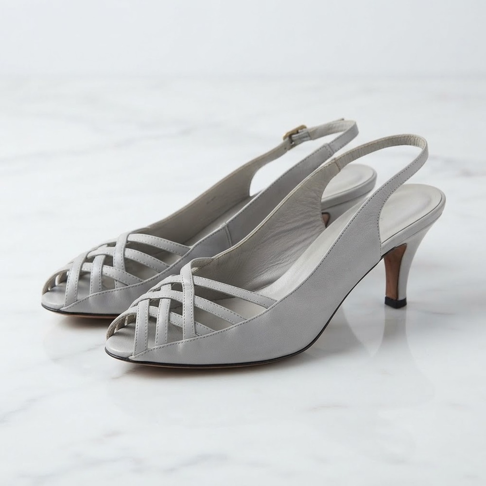 Andrew Geller Italian Leather Slingback Heels Grey Blue Peep Toe Strappy Pump 9B